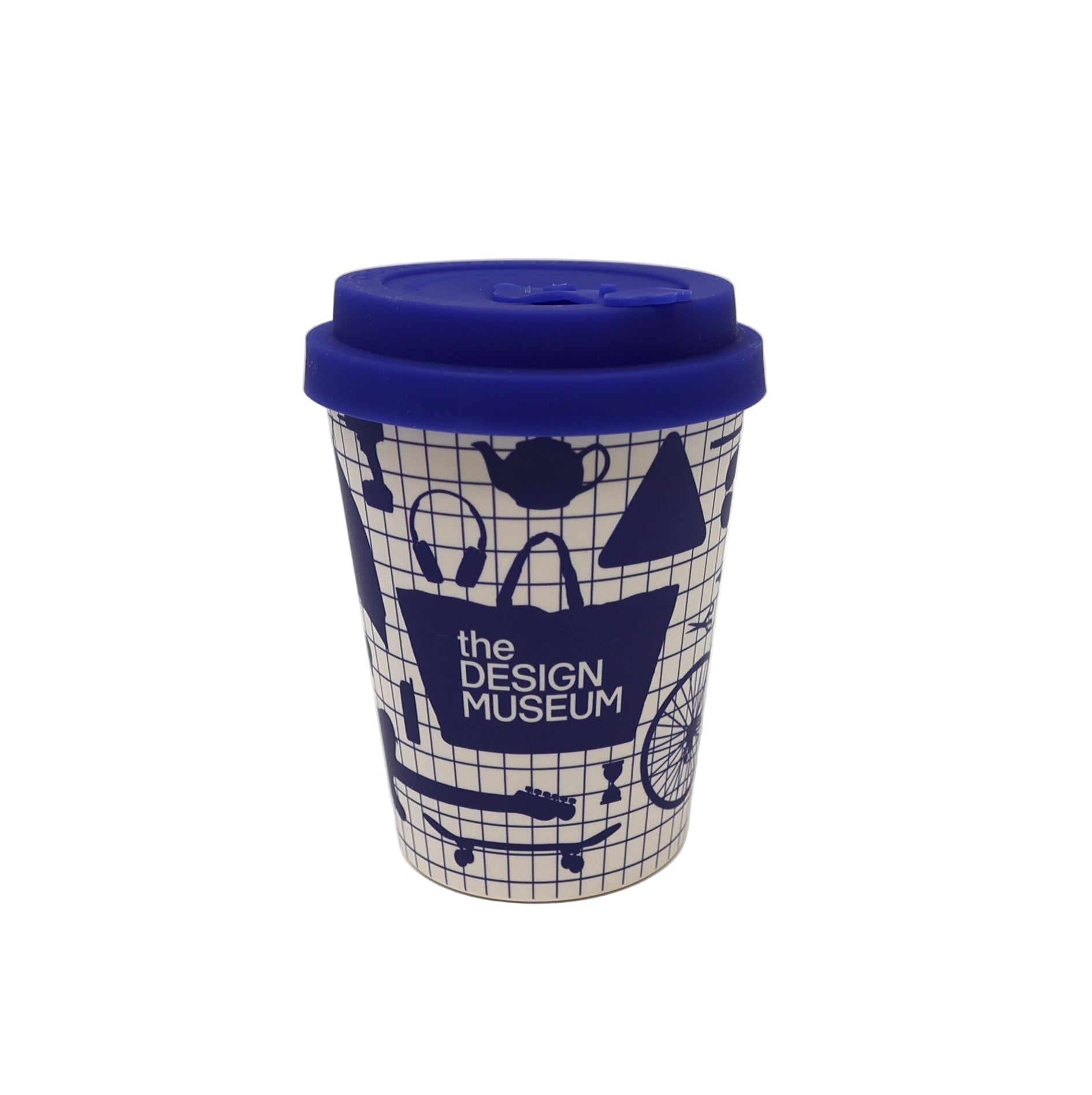 Reusable blue and white cup with blue lid featuring design museum branding on a white background