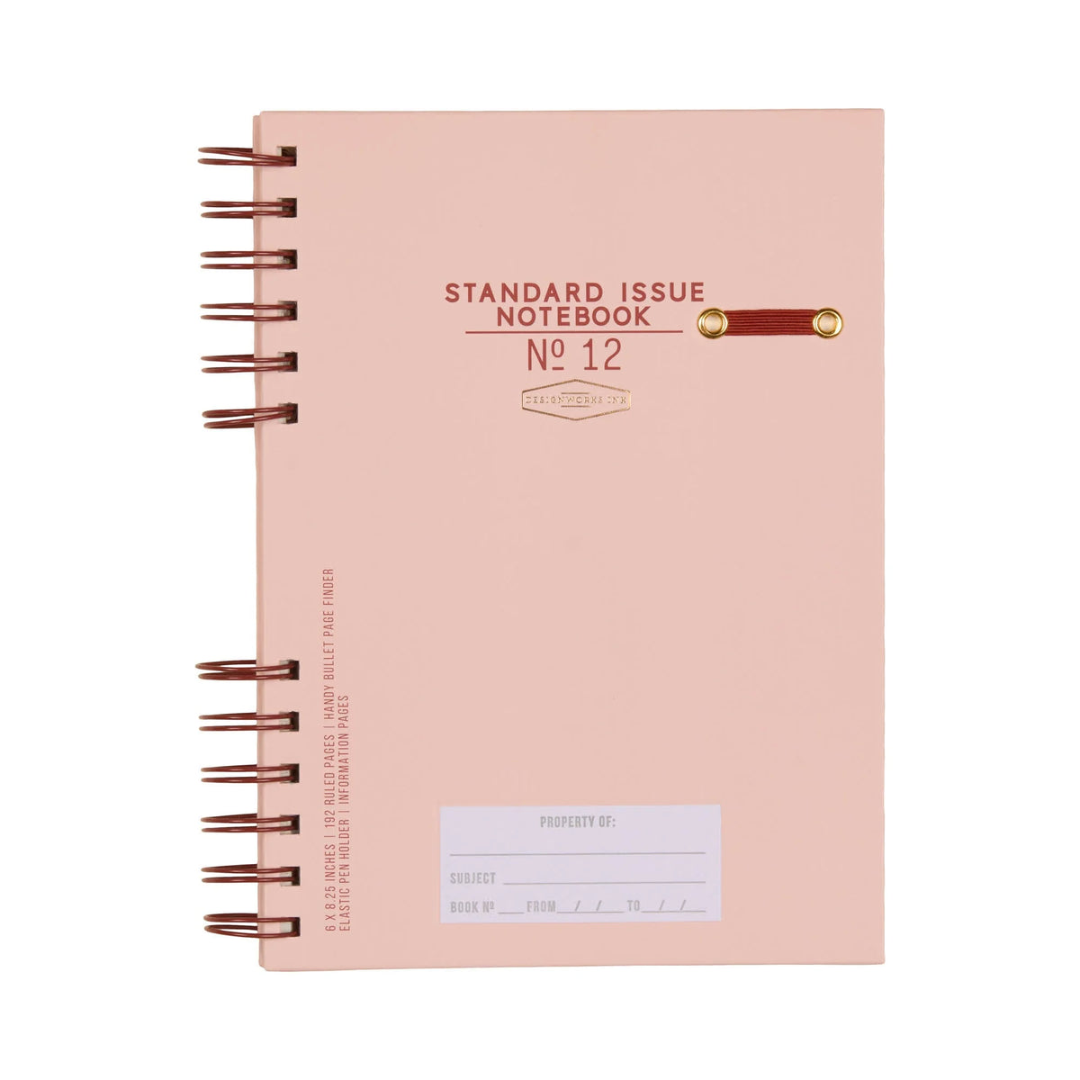 Pink notebook with red spiral binding and 'Standard Issue Notebook No. 12' text on a white background