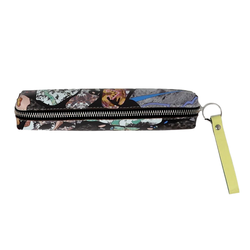 Pencil case with abstract pattern and yellow keychain on a white background