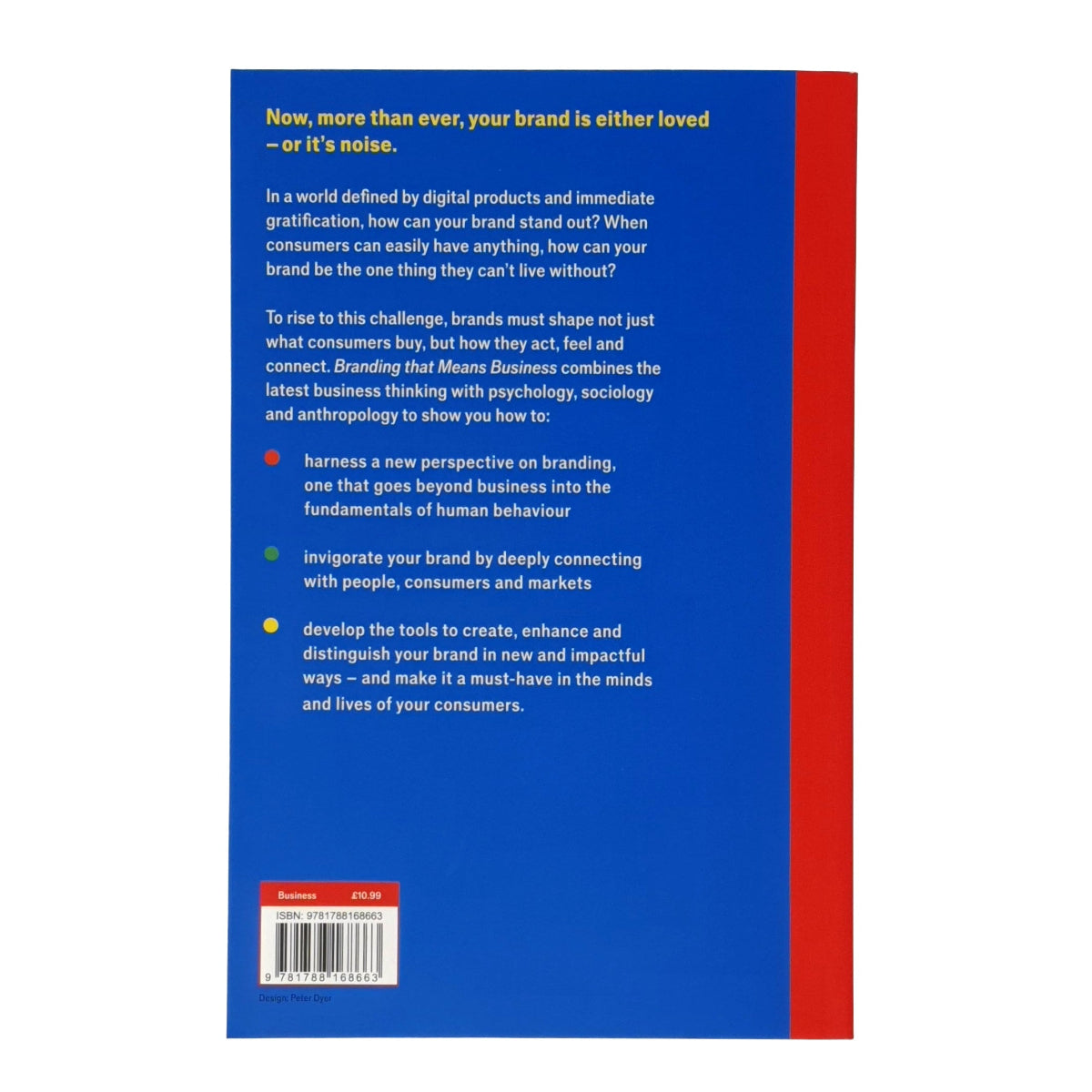 The back cover of a book titled 'Branding that Means Business' by Matt Johnson and Tessa G. Misiaszek with the blurb in white text on a blue background with a red spine.