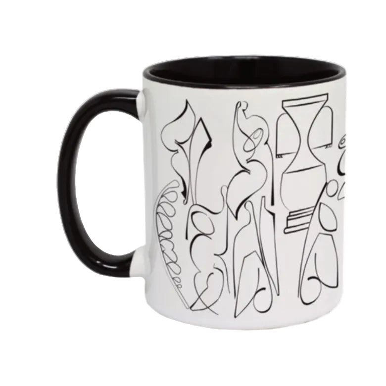 White mug with black interior and handle, featuring abstract black line art on a white background