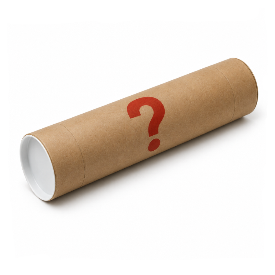 A brown kraft paper mailing tube with a red question mark printed on the side, shown on a clean white background.