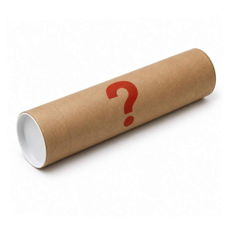 A brown kraft paper mailing tube with a red question mark printed on the side, shown on a clean white background.