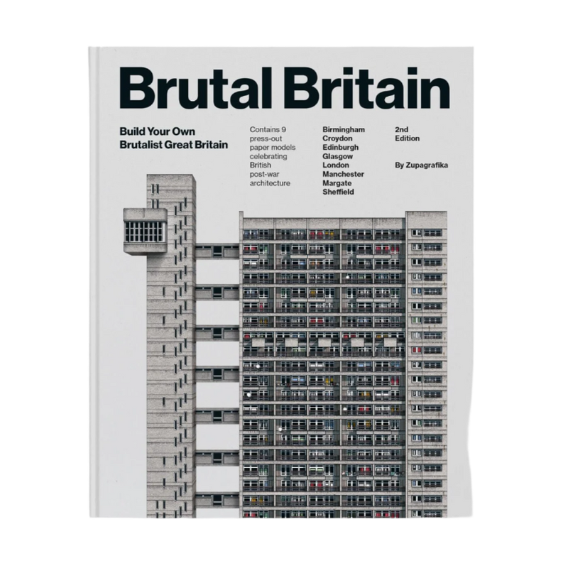 Front cover of Brutal Britain paper model set featuring an illustration of a brutalist bulding on a white background.