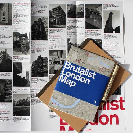 Brutalist London map spread out with various monochrome pictures of Brutalist buildings and descriptions.