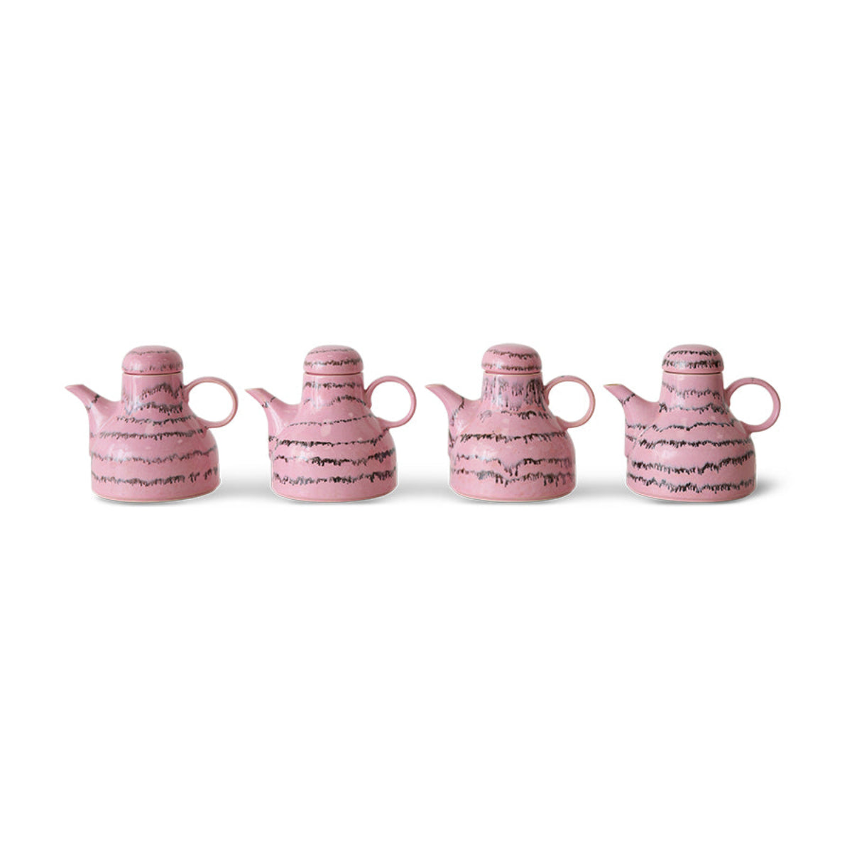 Four pink and black abstract ceramic coffee pots on a white background.