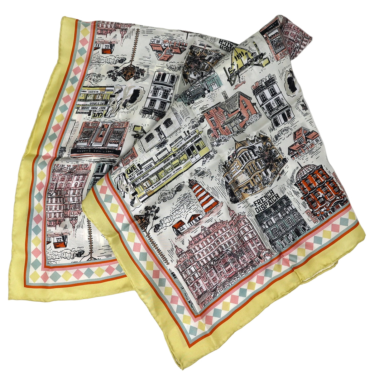 colourful patterned scarf with cityscape design on a white background