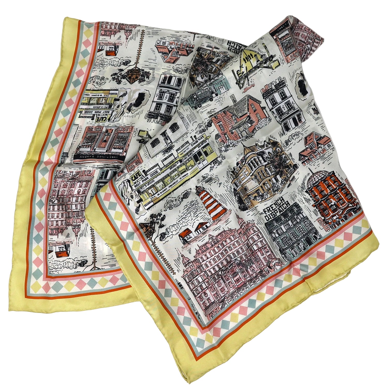 colourful patterned scarf with cityscape design on a white background