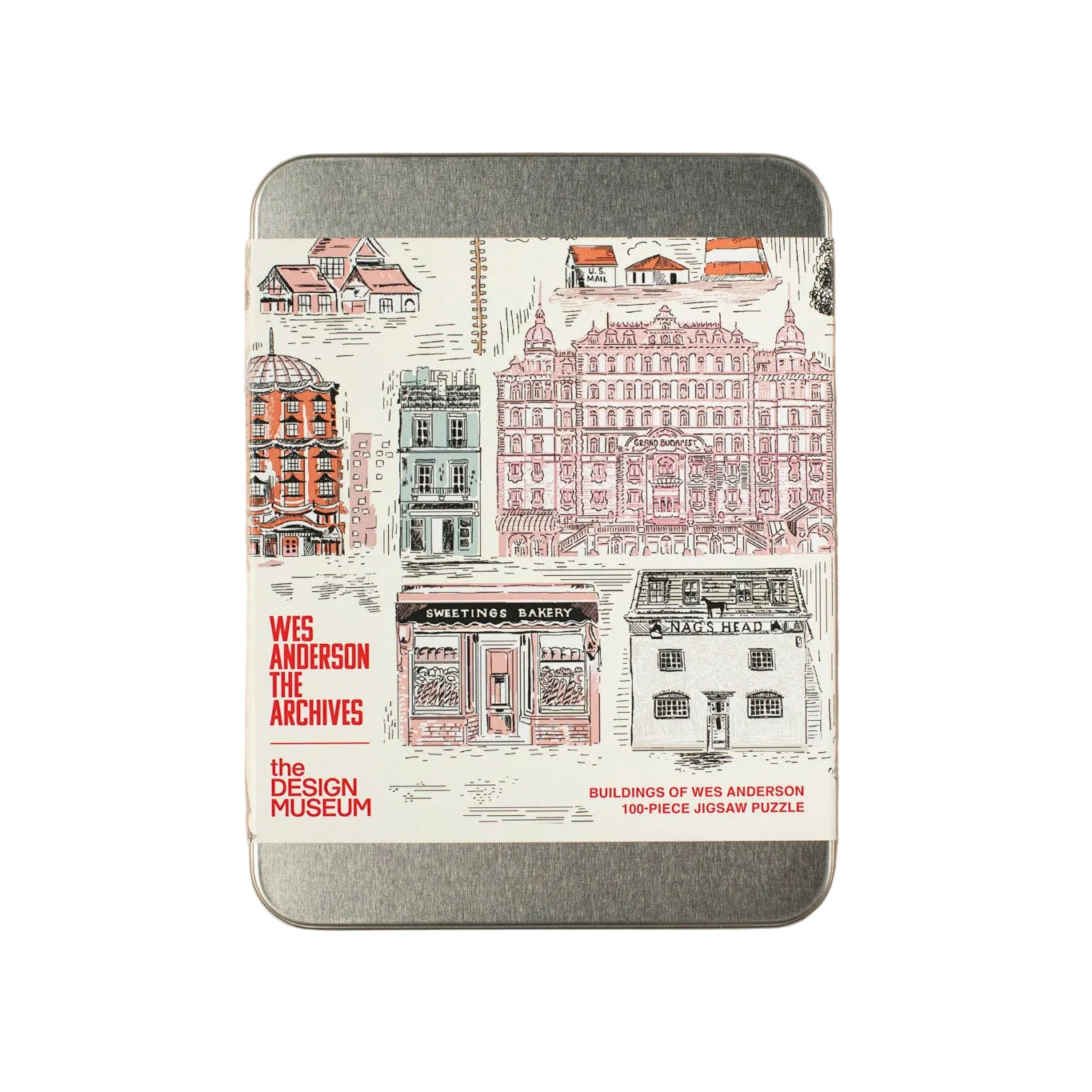 Metal jigsaw puzzle tin with architectural illlustrations and text on a white background