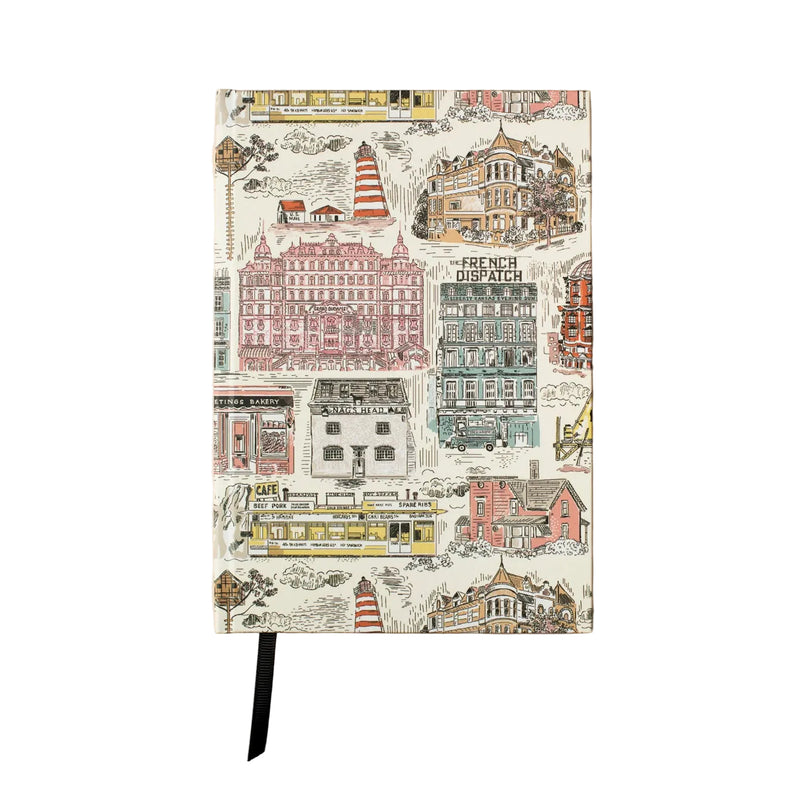 Notebook with detailed building illustrations on a white background