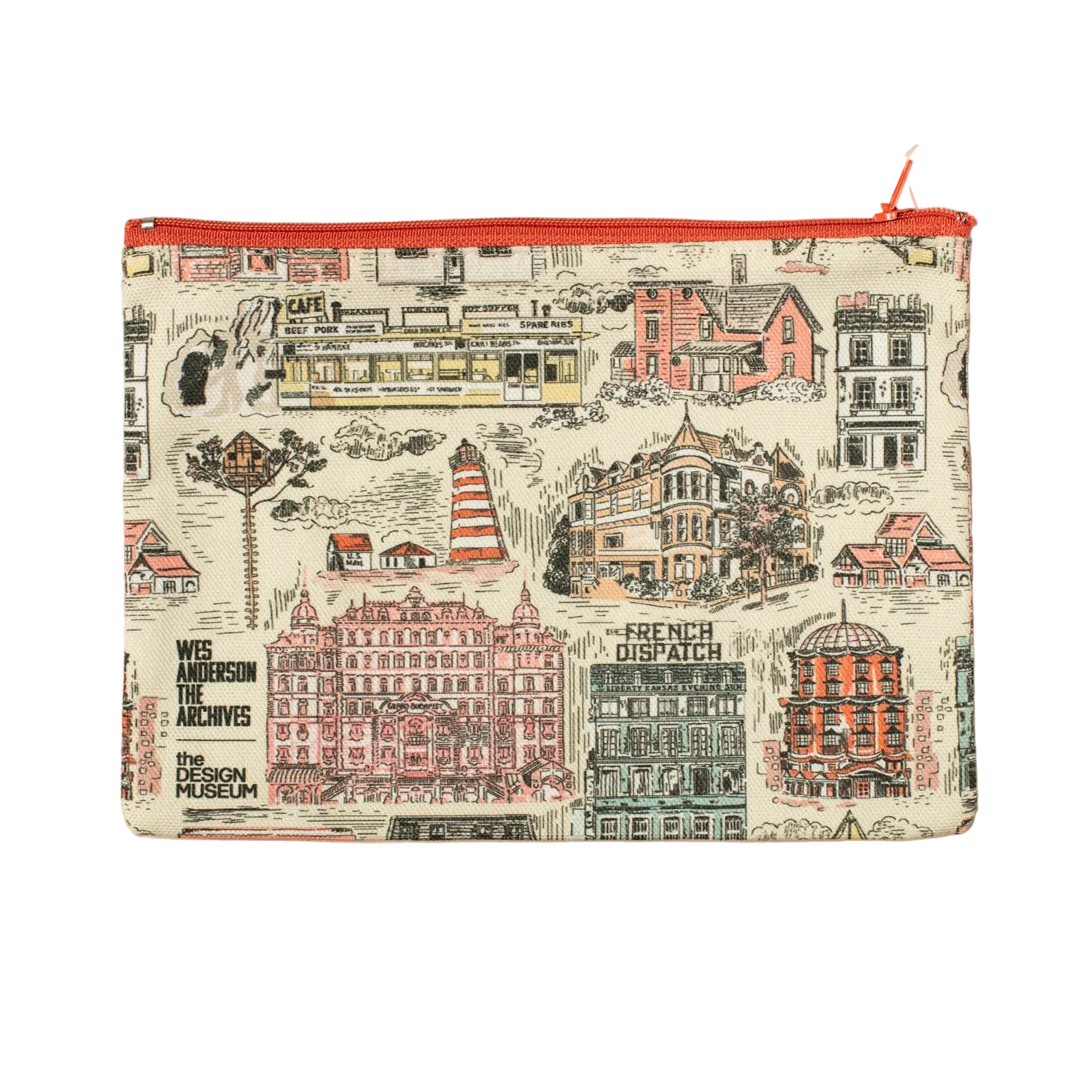 Pouch with architectural illustations and an orange zip on a white background