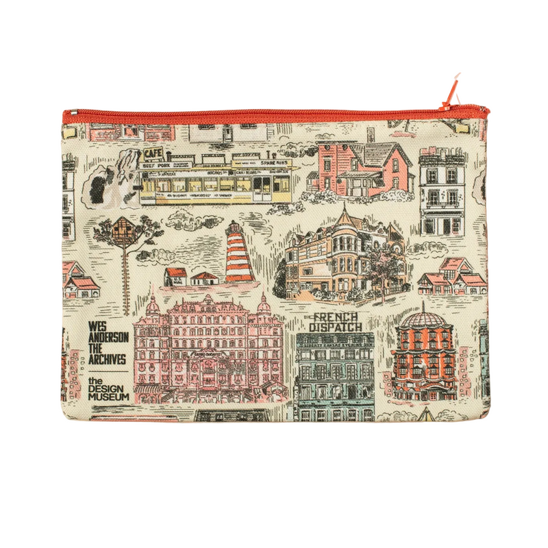 Pouch with architectural illustations and an orange zip on a white background