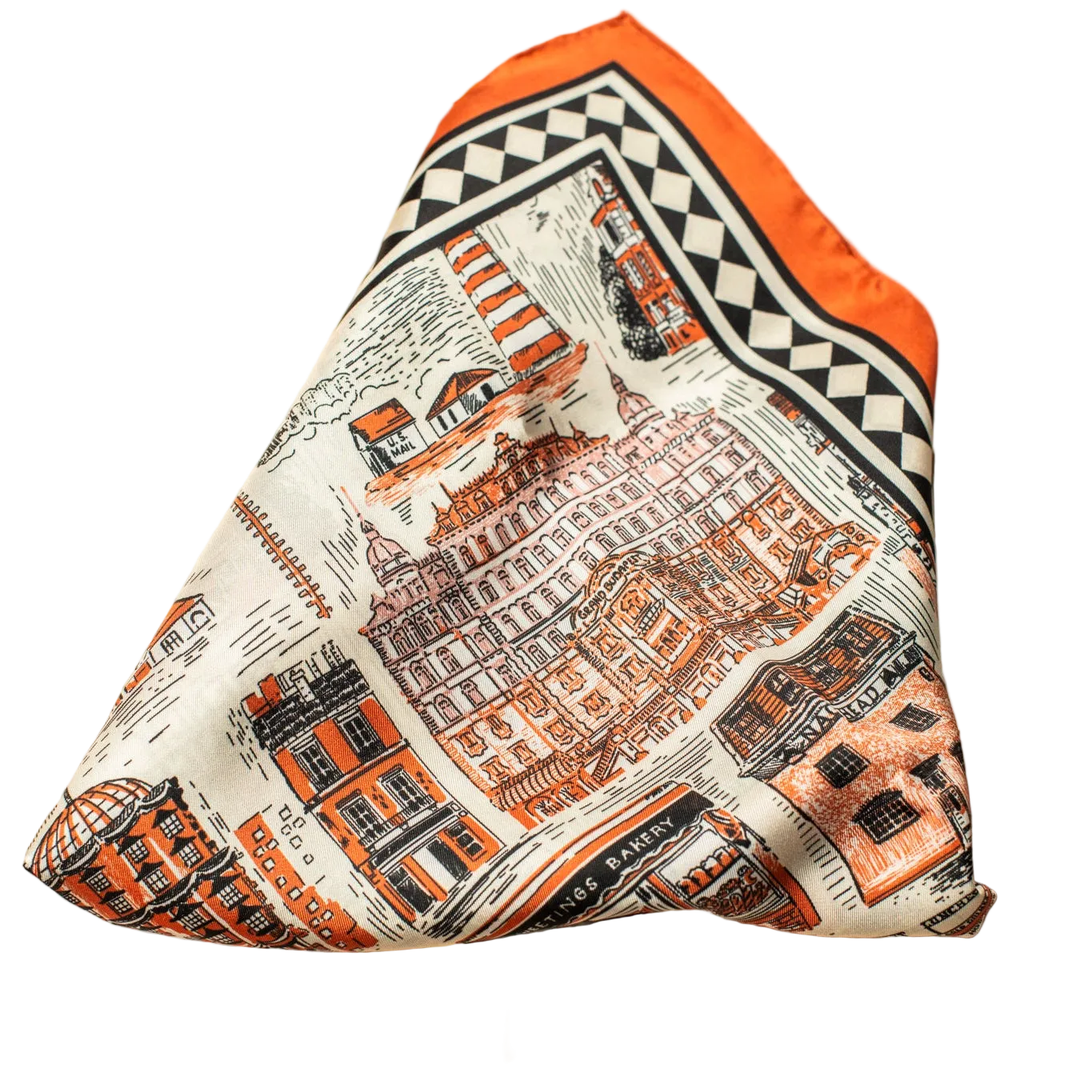 Scarf with architectural illustrations and orange border on a white background