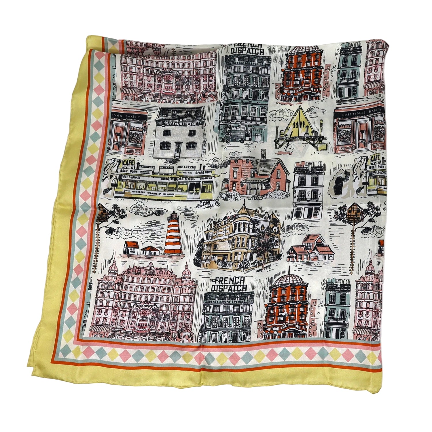 Colourful scarf with cityscape design featuring buildings, on a white background