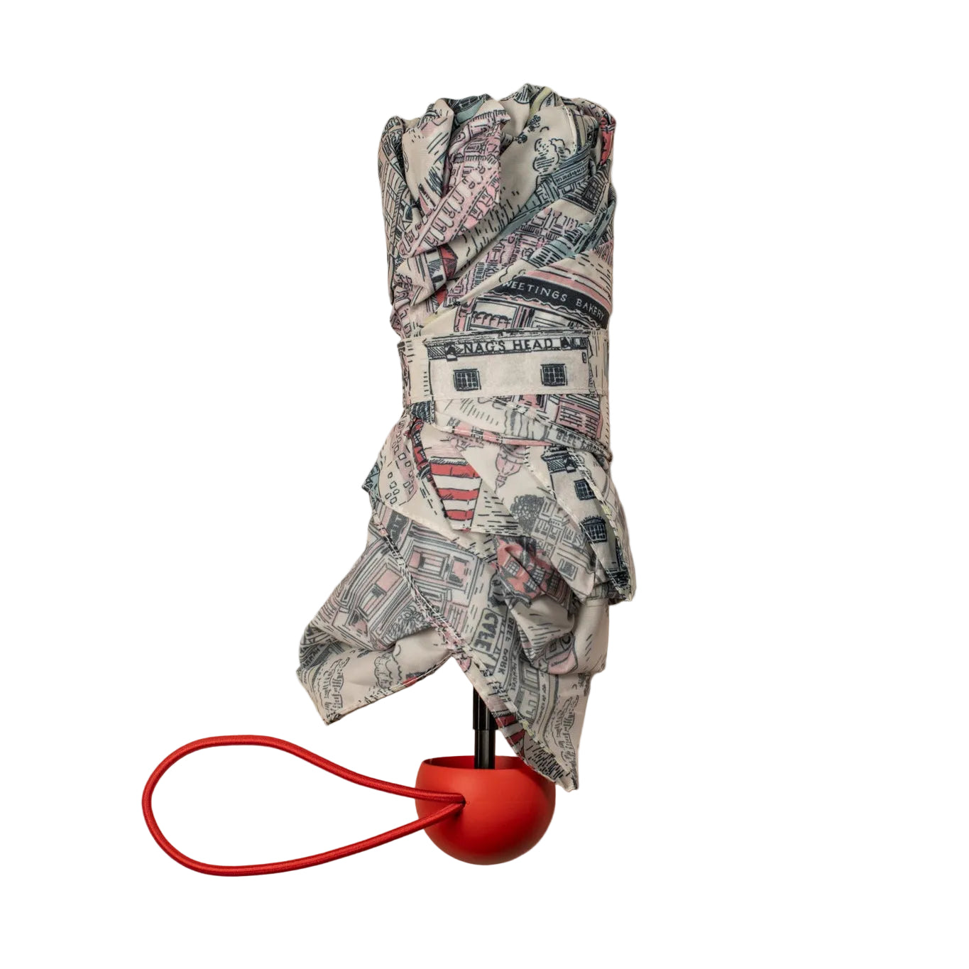 Folded umbrella with a red handle on a white background