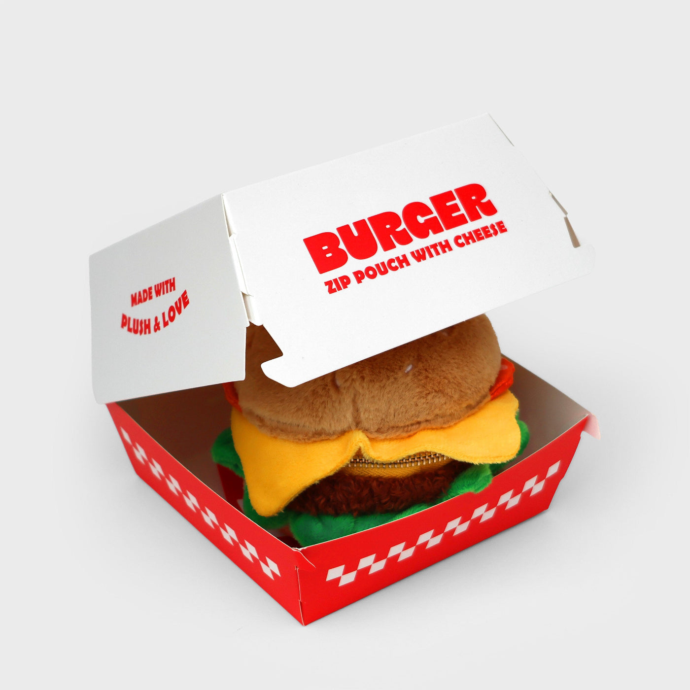 Burger shaped zip up pouch in a cardboard presentation box