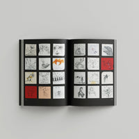 Open page of Tim Burton 'Designing Worlds' catalogue featuring various different Tim Burton illustrations on a black background.