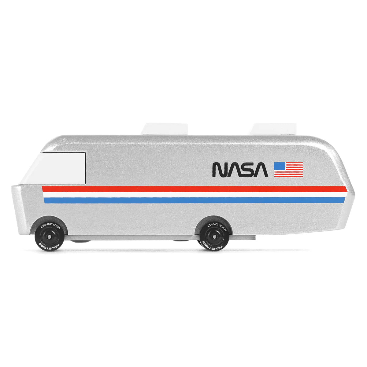 Model of a vehicle with NASA logo and American flag on a white background