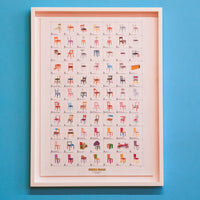 Framed poster with colourful illustrations of chairs on a blue background
