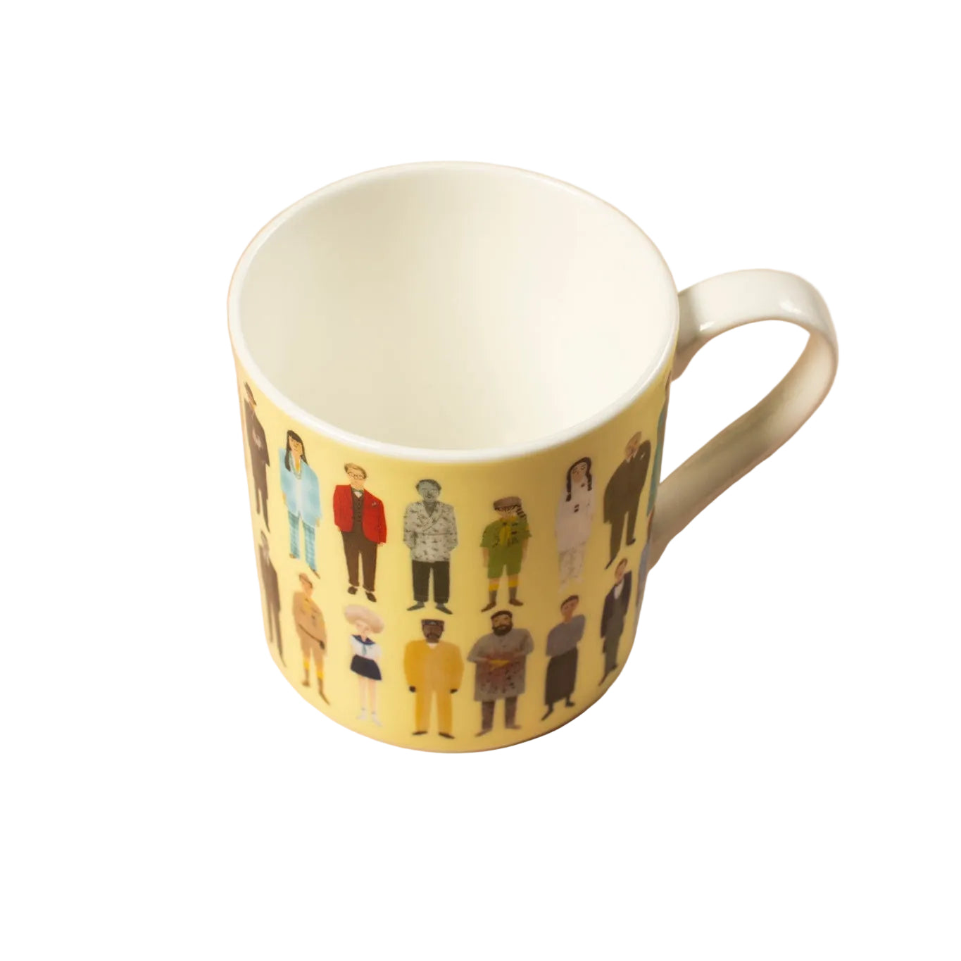 Yellow mug with a pattern of illustrated people on a white background
