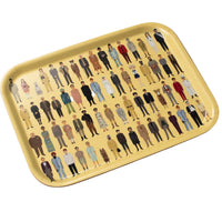Yellow tray with a pattern of illustrated people on a white background