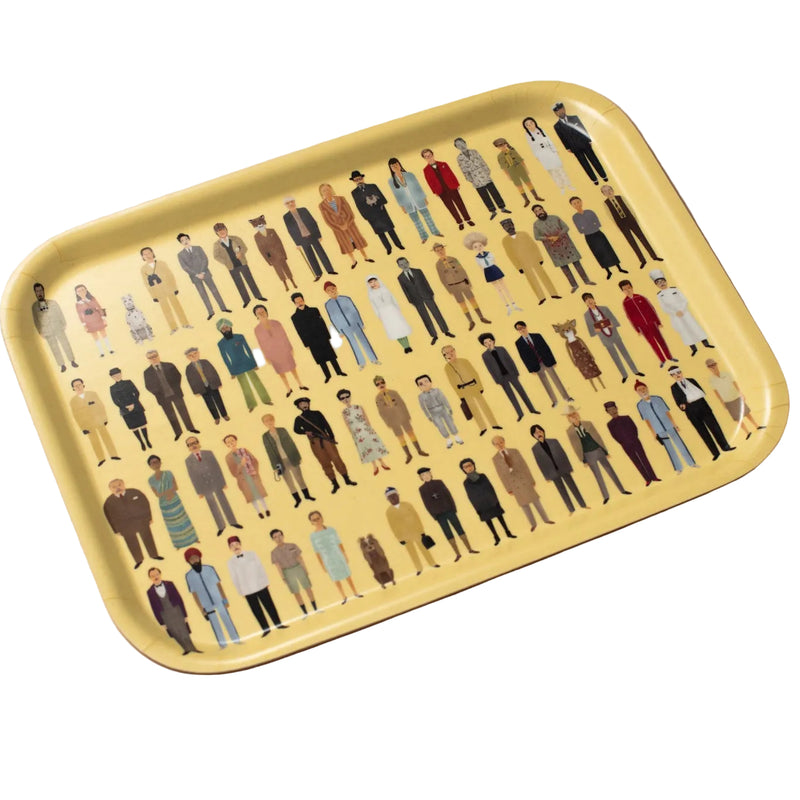 Yellow tray with a pattern of illustrated people on a white background