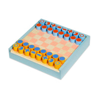 Wooden educational toy with checkered board and colorful cylindrical pieces on a white background