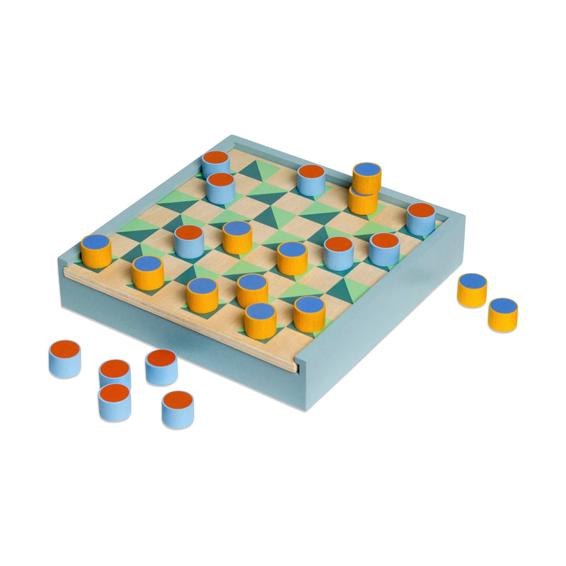 Wooden board game with colorful cylindrical pieces on a white background