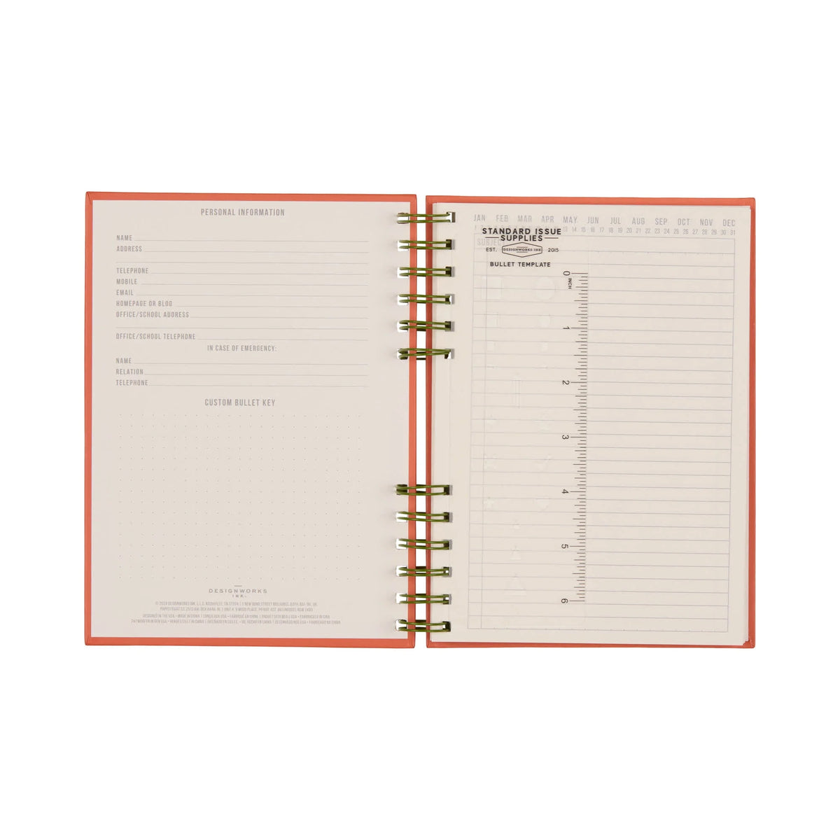 Open planner with pages showing a checklist and bullet template on a white background