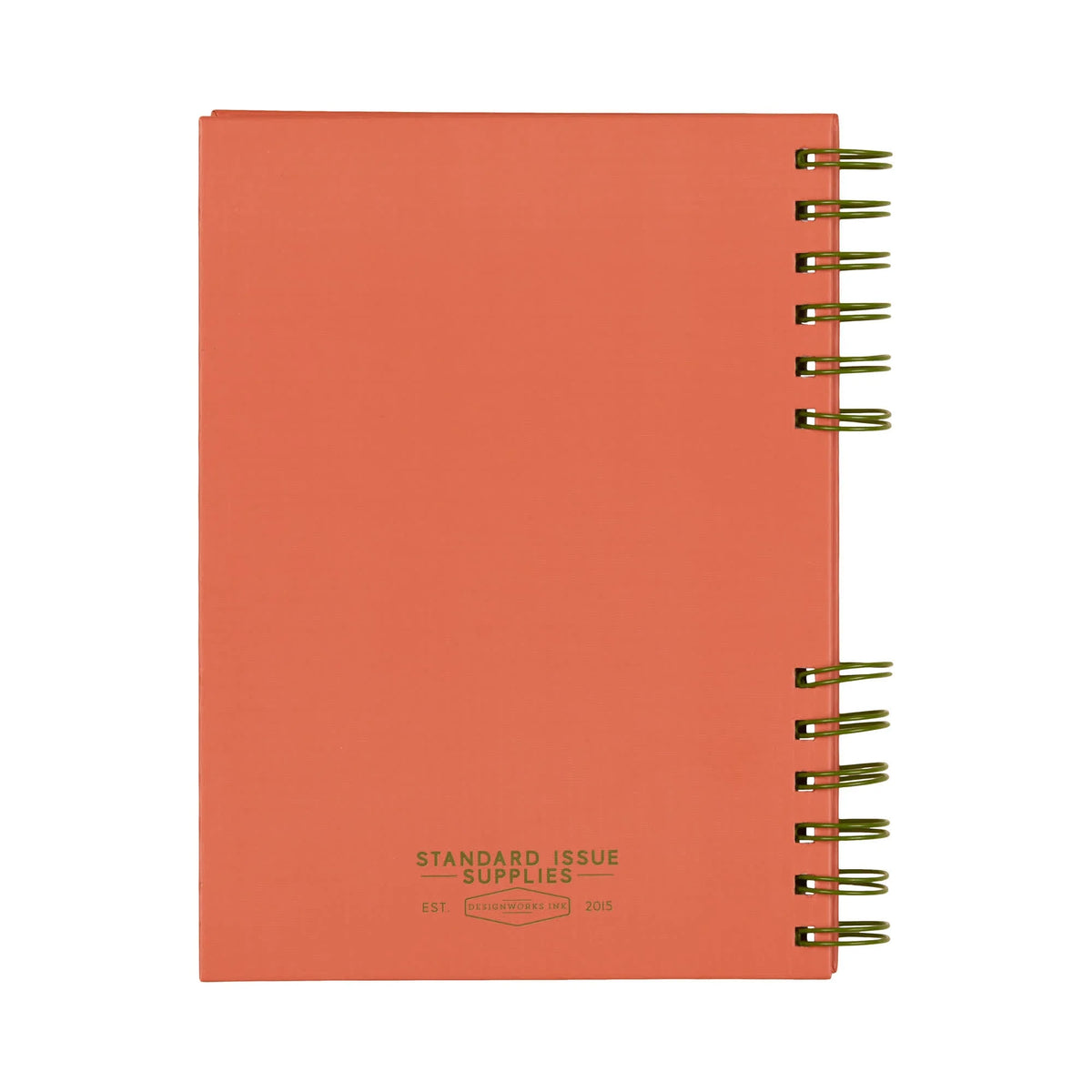 The back of a red notebook with green spiral binding on a white background