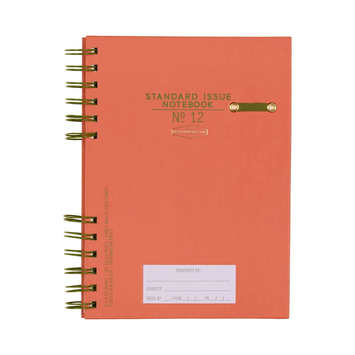 Red notebook with green spiral binding on a white background