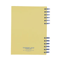 The back of a yellow notebook with blue spiral binding on a white background