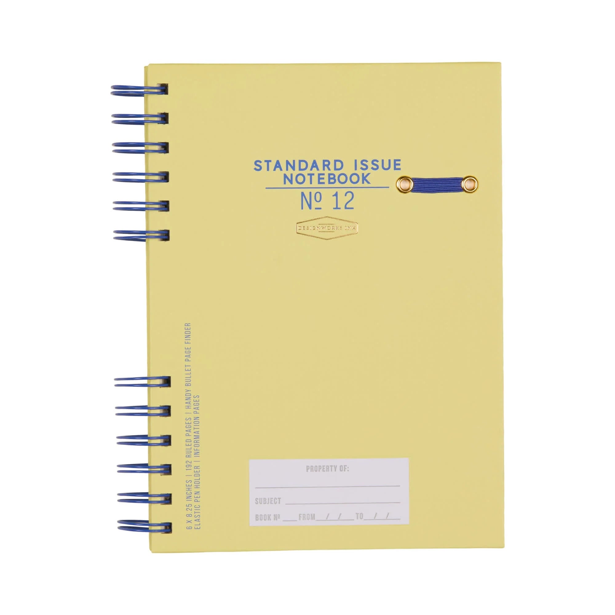 Yellow notebook with blue spiral binding on a white background