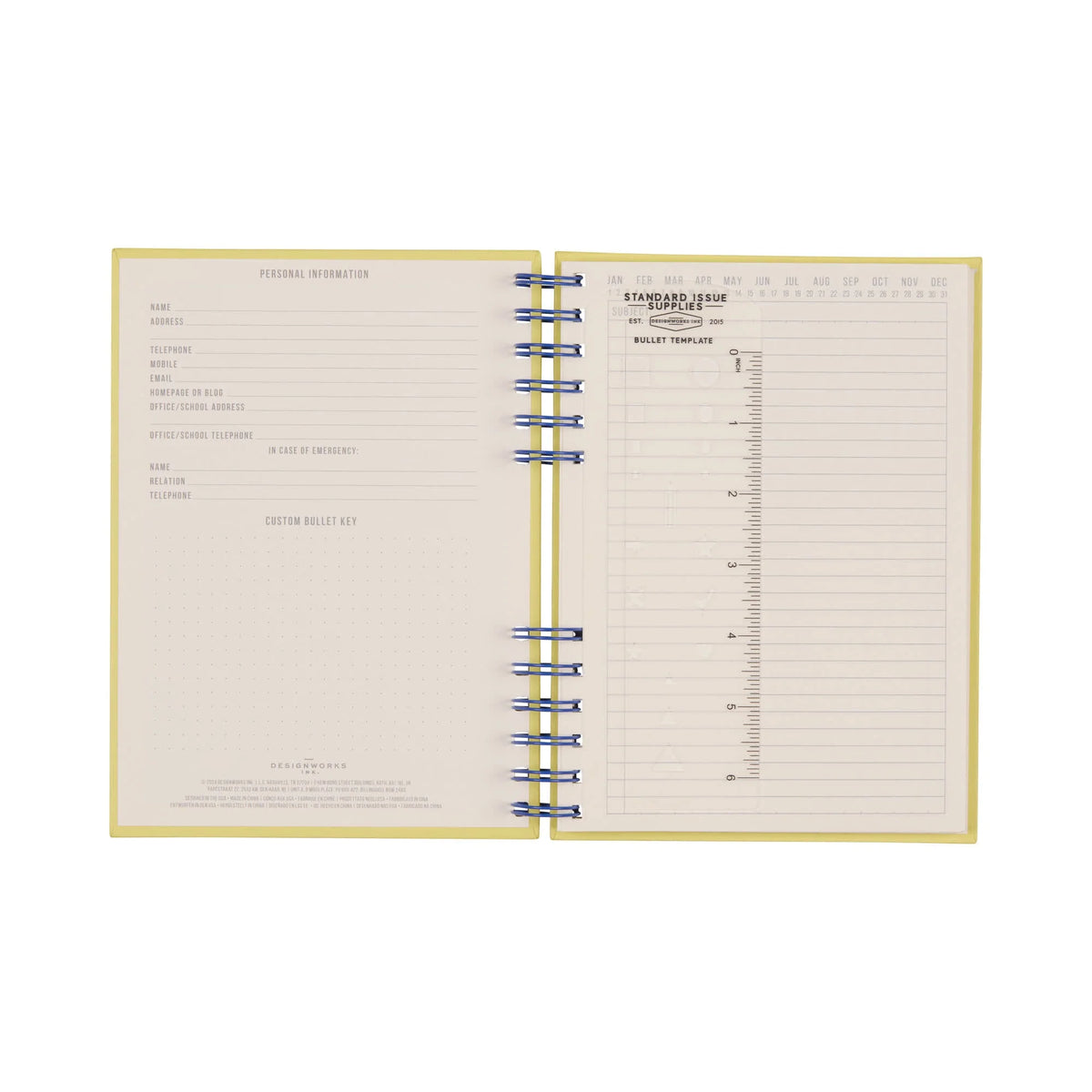 Open yellow notebook with blue spiral binding on a white background