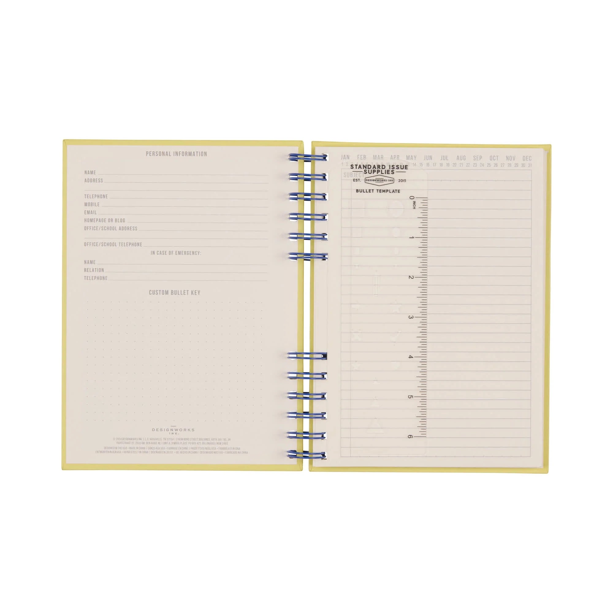 Open yellow notebook with blue spiral binding on a white background