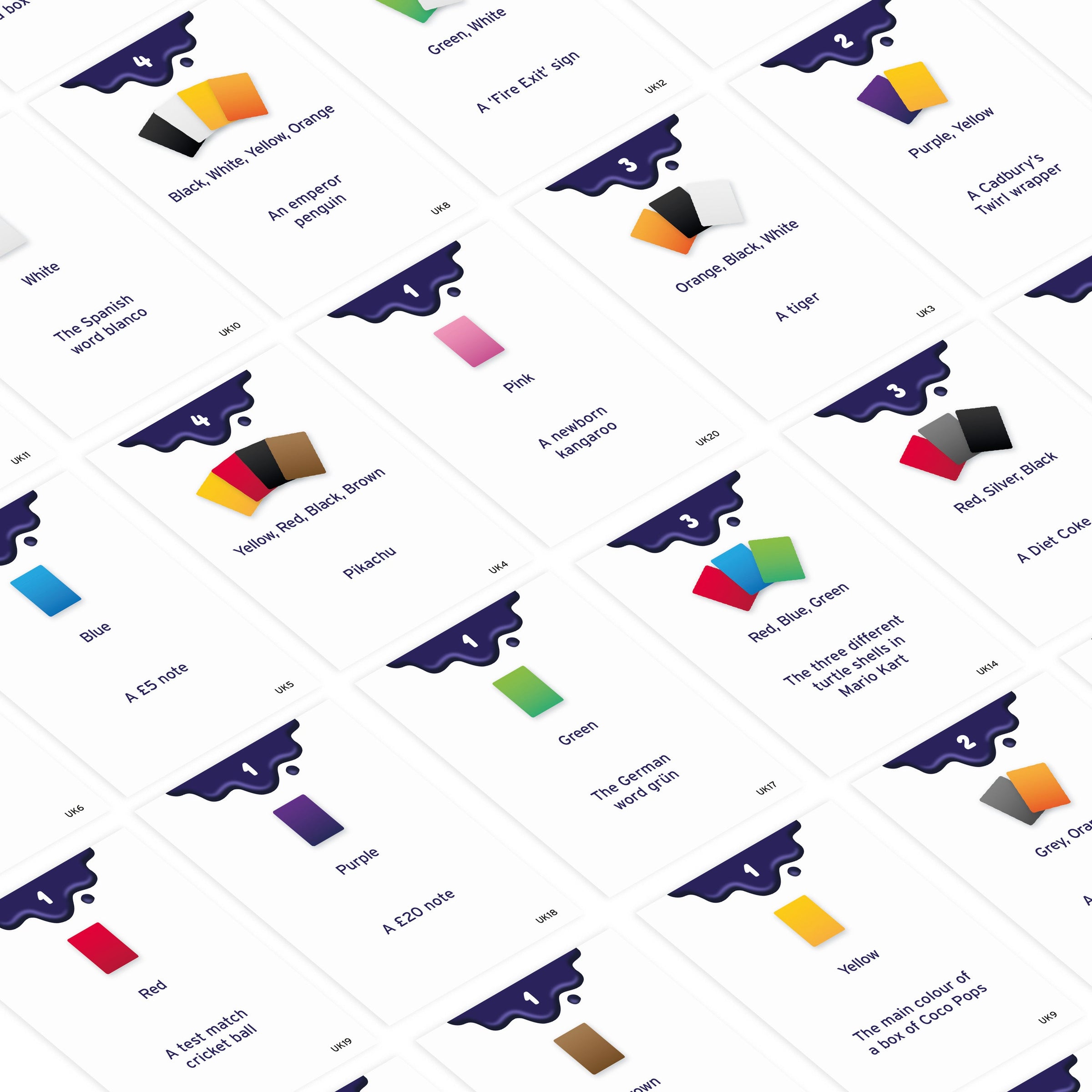 Junior colour brain cards laid out in rows, featuring different coloured cards on a white background.