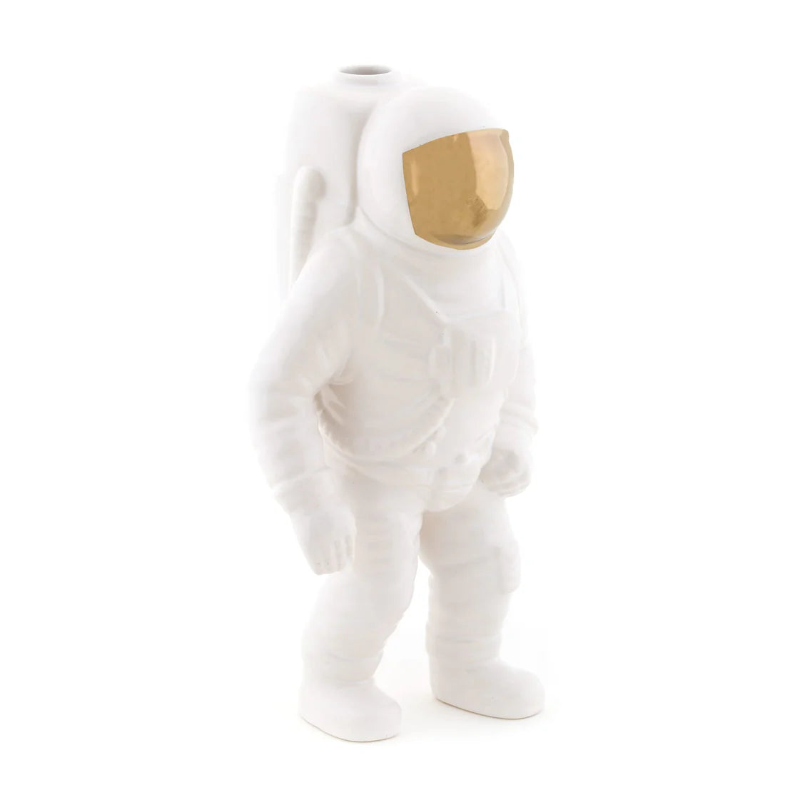 White ceramic vase shaped like an astronaut on a white background