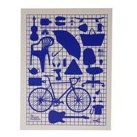 A white monochrome screen print featuring blue everyday objects on a blue grid. 