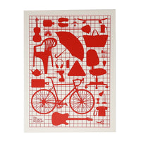 A white monochrome screen print featuring red everyday objects on a red grid.