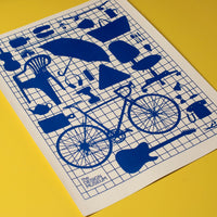 A white monochrome screen print featuring blue everyday objects on a blue grid laid flat on a yellow background