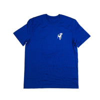 A blue short sleeved t-shirt with a small white image of a garden chair in the top right corner.