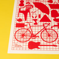 A white monochrome screen print featuring red everyday objects on a red grid laid flat on a yellow background.