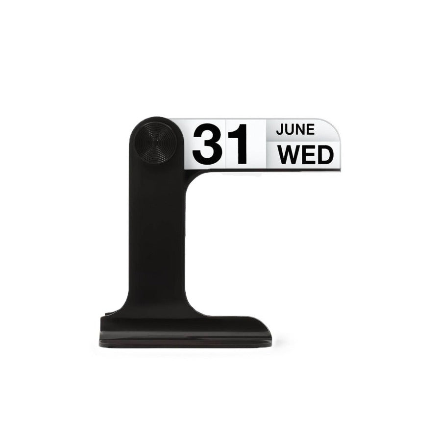 A black Enzo Mari Timor Calendar featuring a date and day of the week displayed in a vertical format on a white background.