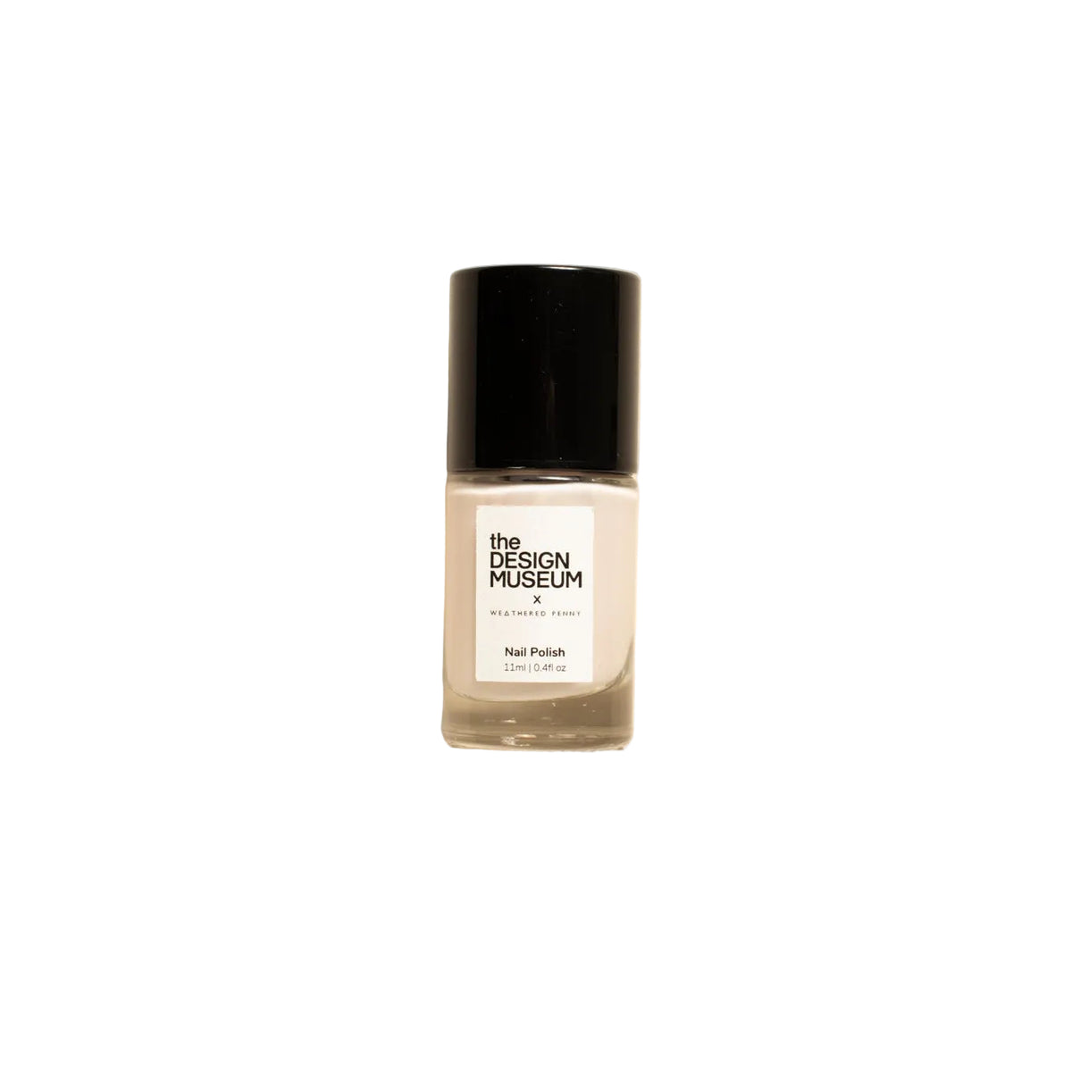 A bottle of off white nail polish by The Design Museum, featuring a black cap and a white label, set against a solid cream-colored background.