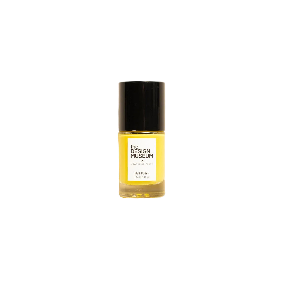 A small glass bottle of yellow nail polish with a black cap and a white label on a warm off-white background.