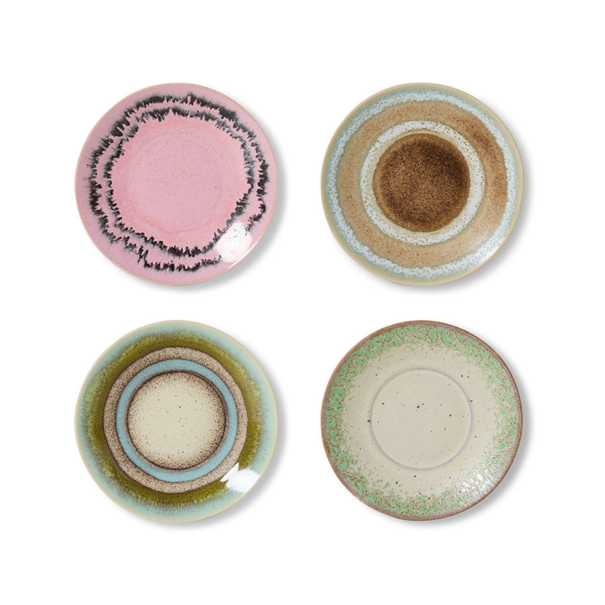 A set of four colourful abstract, hand-painted saucers on a white background.
