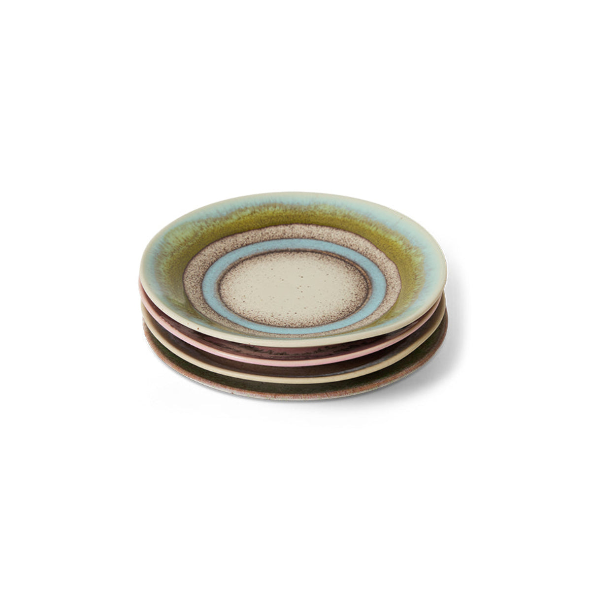 Set of four stacked ceramic saucers with multicolored glaze on a white background