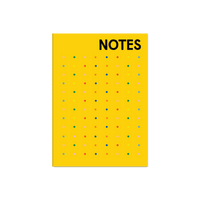 A yellow notebook with the word 'NOTES' in bold black letters at the top and a grid of small multicolored dots across the front