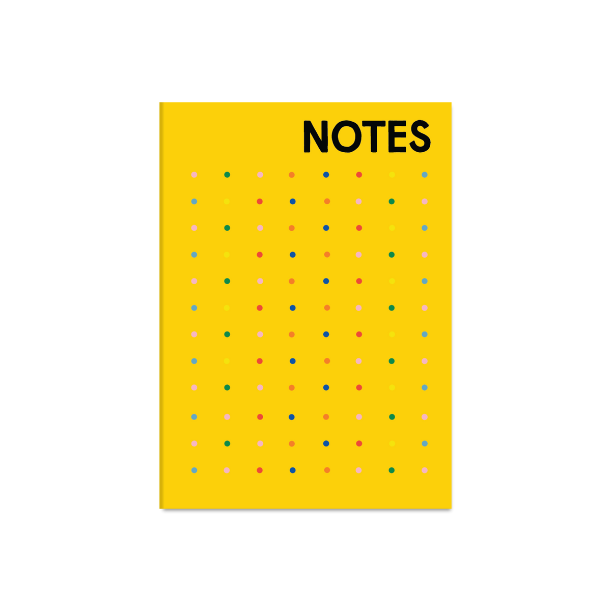 A yellow notebook with the word 'NOTES' in bold black letters at the top and a grid of small multicolored dots across the front