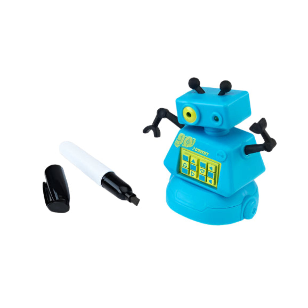 Blue robot-shaped drawbot toy with a black marker pen on a white background